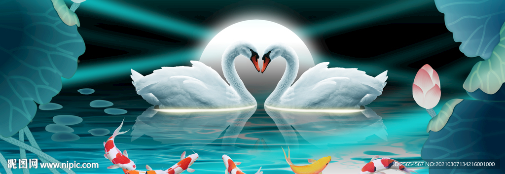 天鹅荷花装饰画