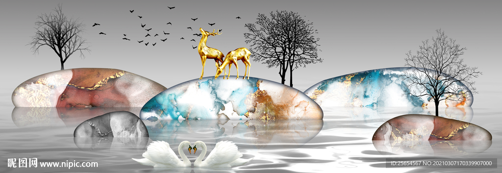 简约石来运转麋鹿床头装饰画