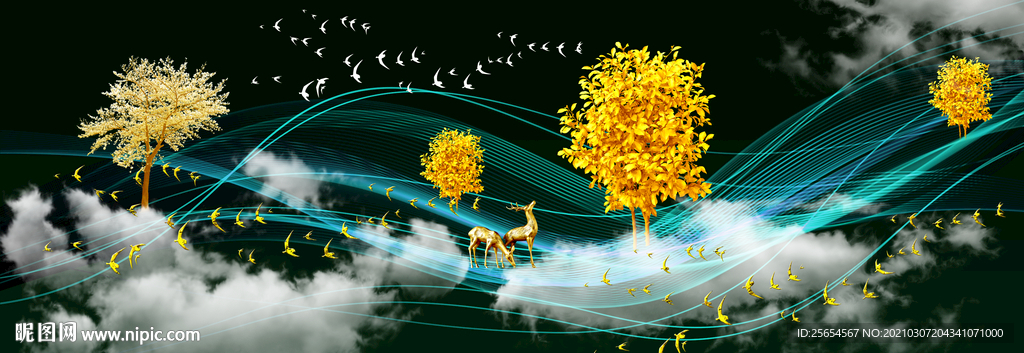 抽象轻奢线条麋鹿山水床头装饰画