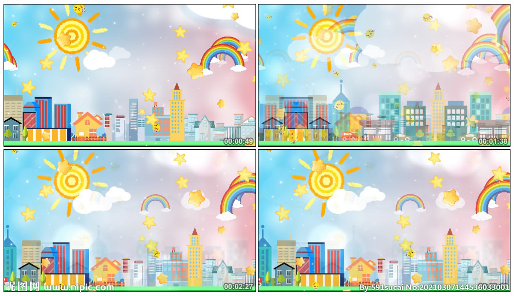 4K可爱卡通城市彩虹 背景视频