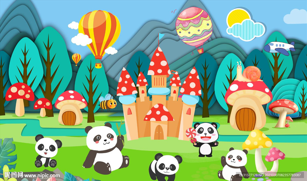 卡通熊猫乐园蘑菇儿童背景墙
