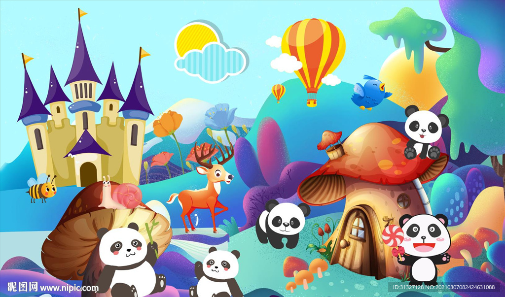 卡通森林乐园熊猫背景墙图片
