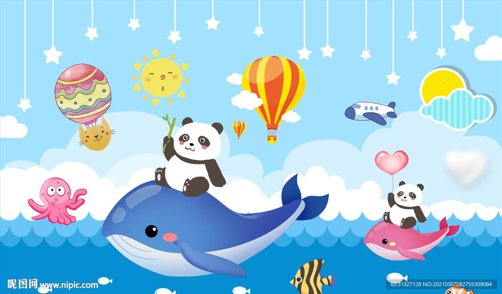 儿童房鲸鱼星星背景墙图片