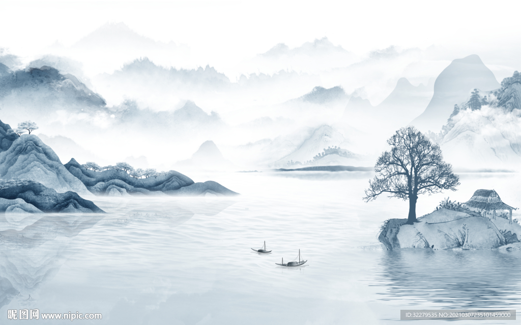 中式蓝色新山水画 文件分层画