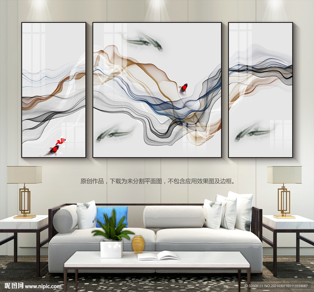 新中式客厅背景画三联装饰画