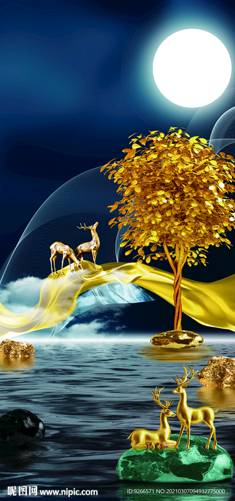 石来运转麋鹿玄关晶瓷画装饰画