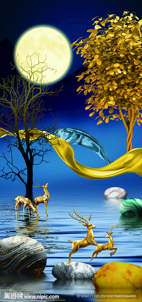 石来运转麋鹿玄关晶瓷画装饰画