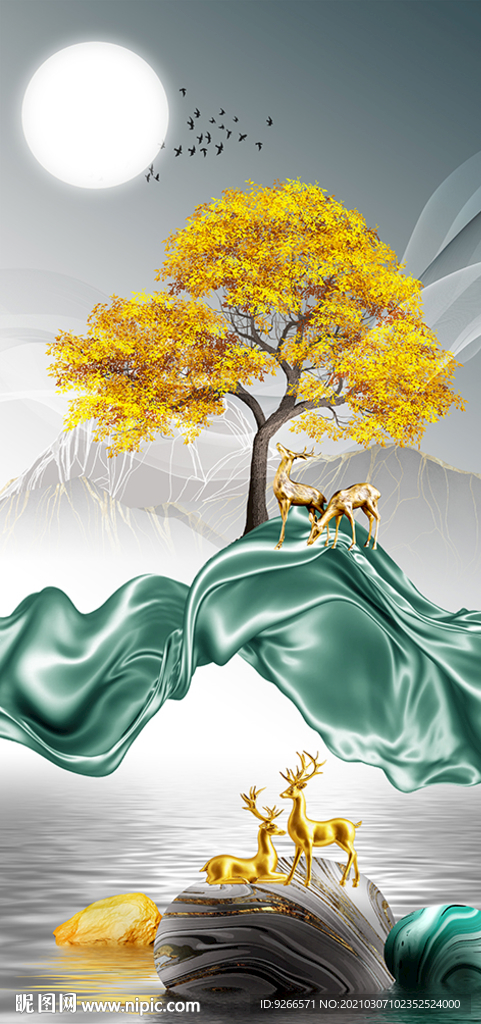 石来运转麋鹿玄关晶瓷画装饰画