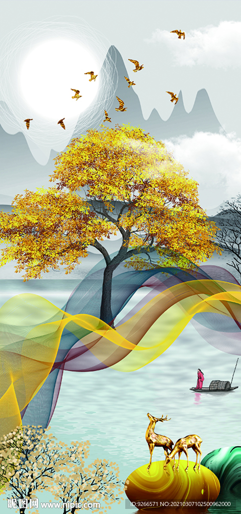 石来运转麋鹿玄关晶瓷画装饰画