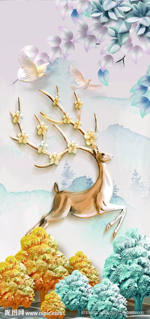 麋鹿玄关晶瓷画装饰画