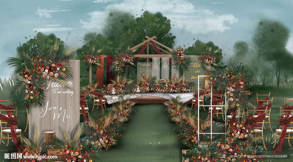 红色户外婚礼仪式区