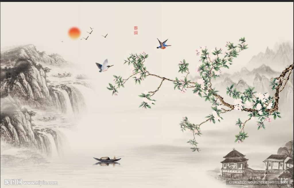 新中式国画山水花鸟背景墙