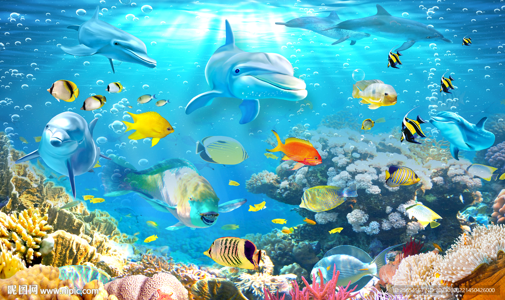 海豚海底世界3D电视背景墙