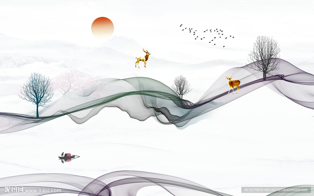 现代 中式新山水画 文件分层画