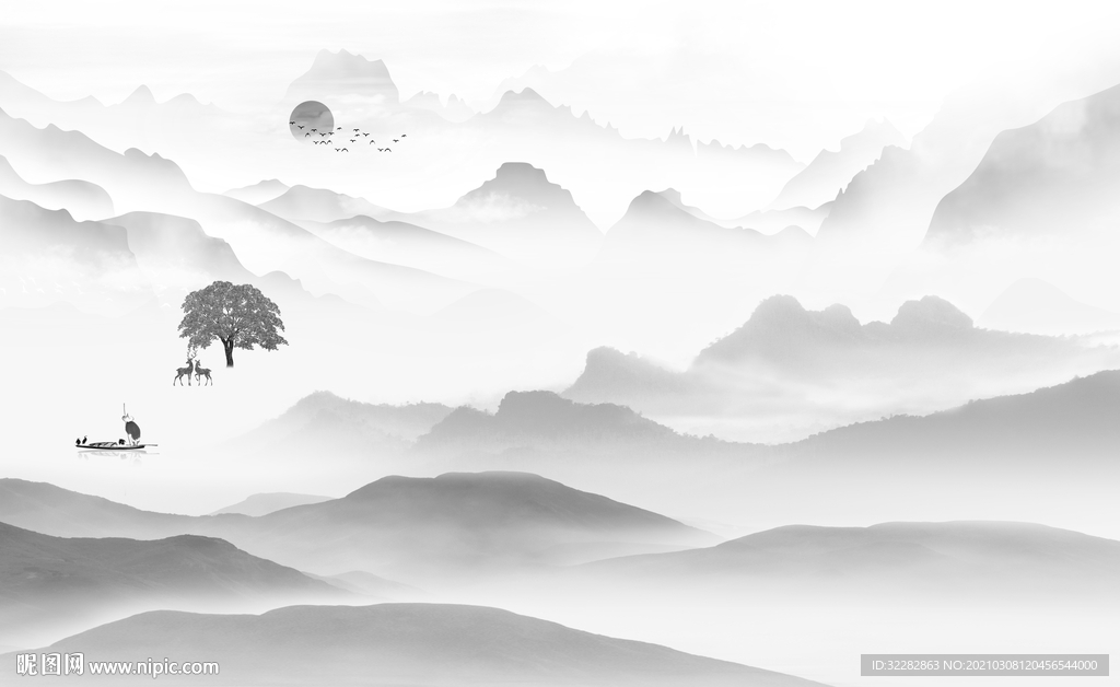 中式高端灰山水画 文件分层