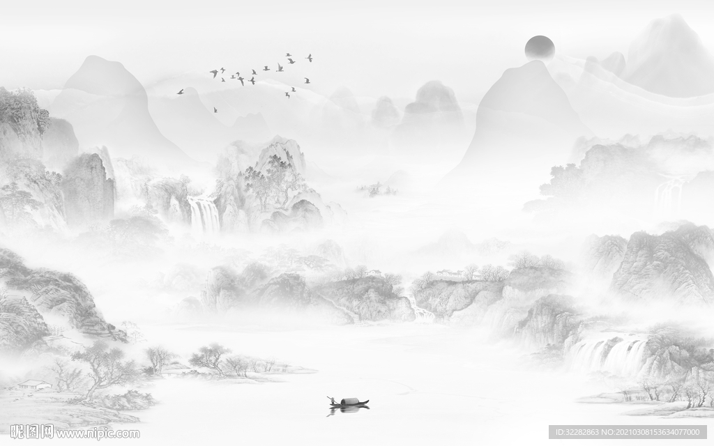 现代 中式画山水画 文件分层