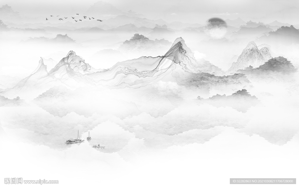 人气 中式画山水画 文件分层