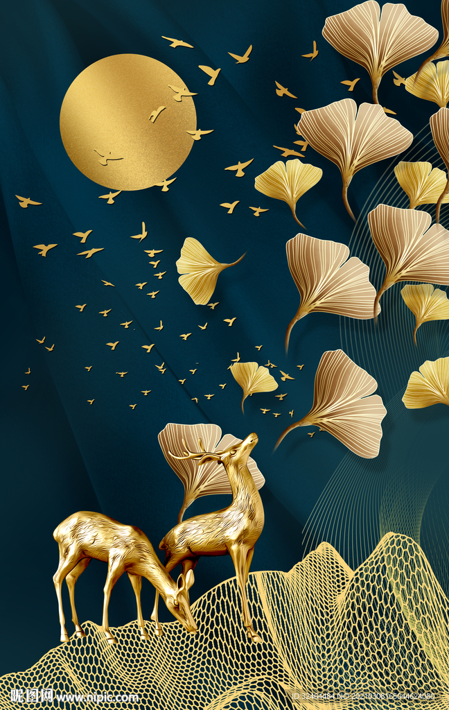 金色银杏叶麋鹿装饰画