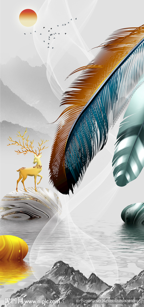 水墨山水羽毛玄关背景墙