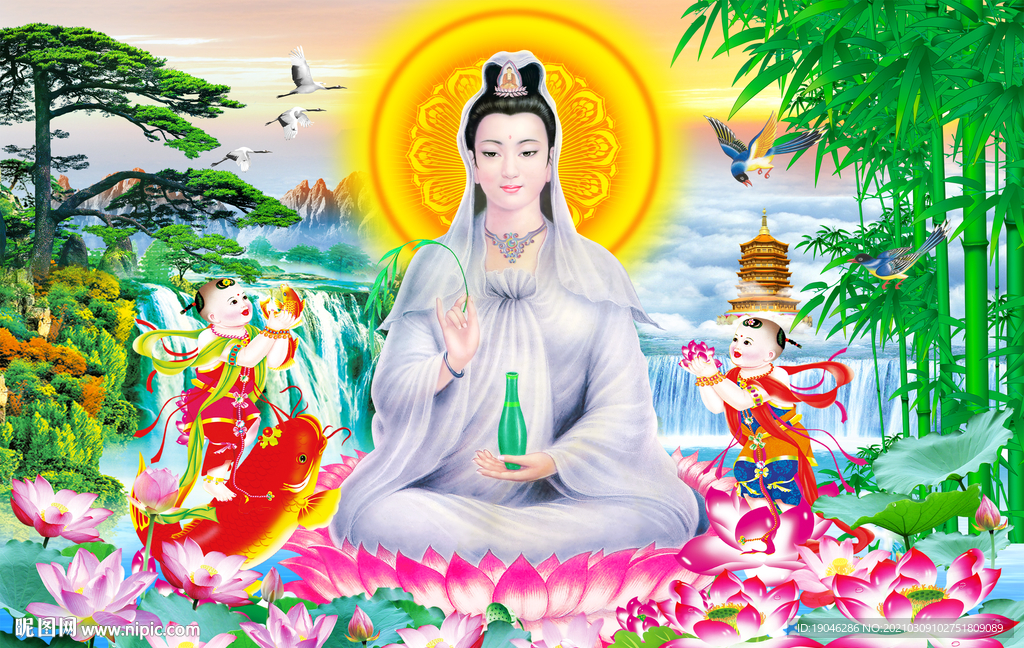 南海观音中式背景墙装饰画