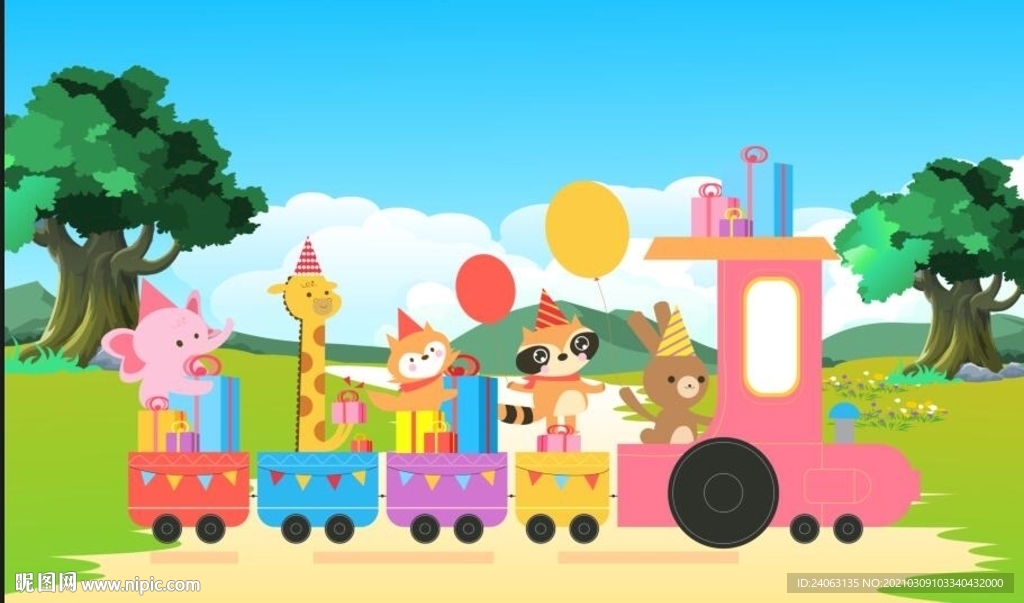 北欧卡通儿童房间森林动物火车壁