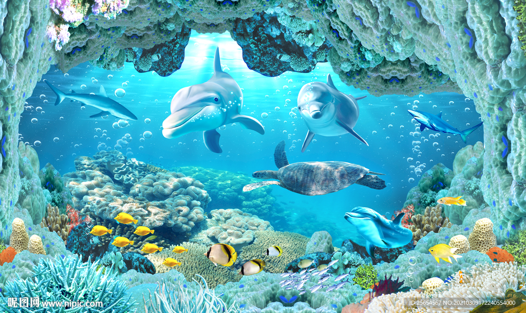 立体海底世界背景墙装饰画