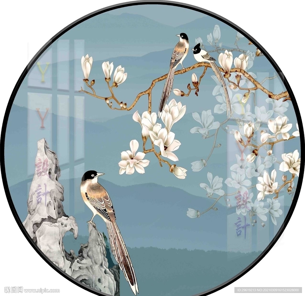 新中式圆形玉兰花鸟工笔画背景图