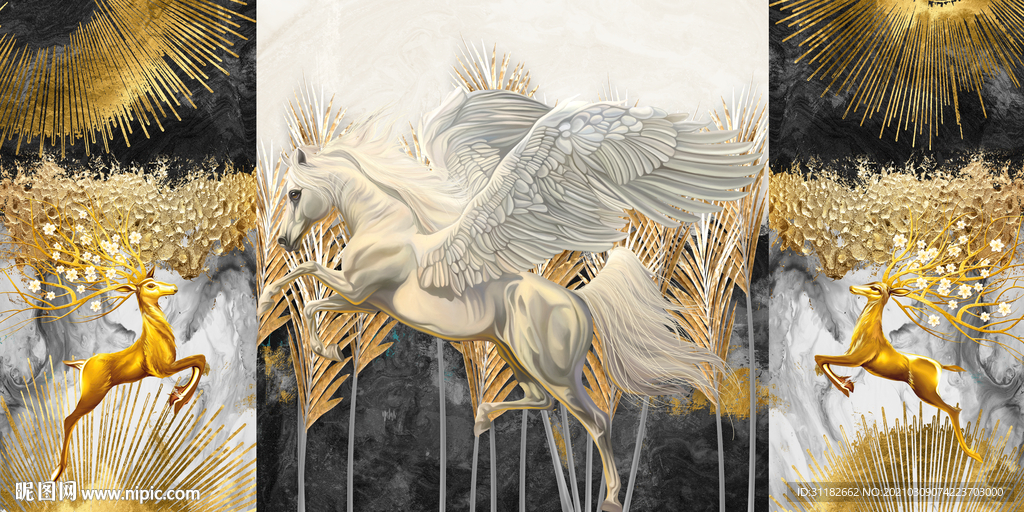 独角兽发财鹿晶瓷画