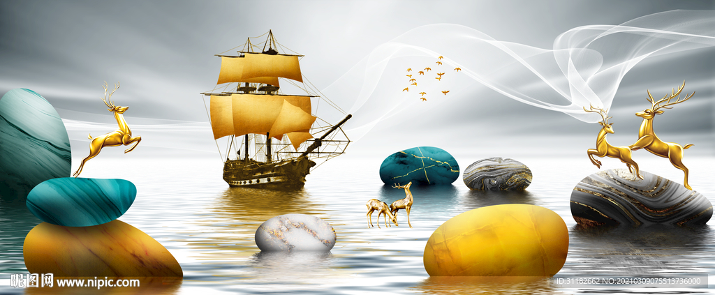 一帆风顺石来运转发财鹿晶瓷画