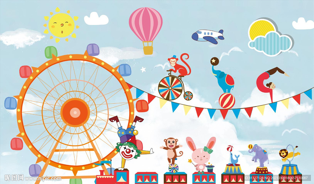 卡通儿童马戏团热气球背景墙图片