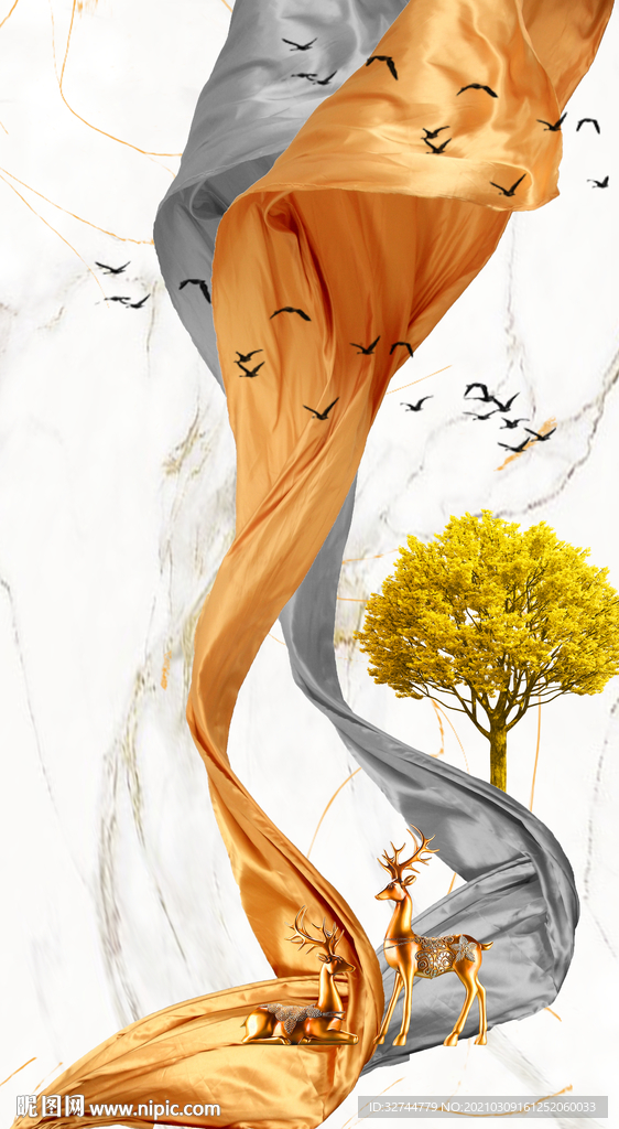 丝带发财鹿装饰画