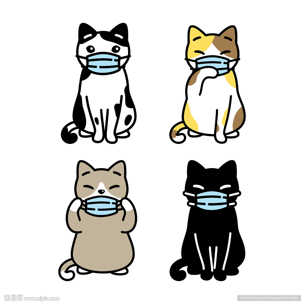 小猫戴口罩手绘插画