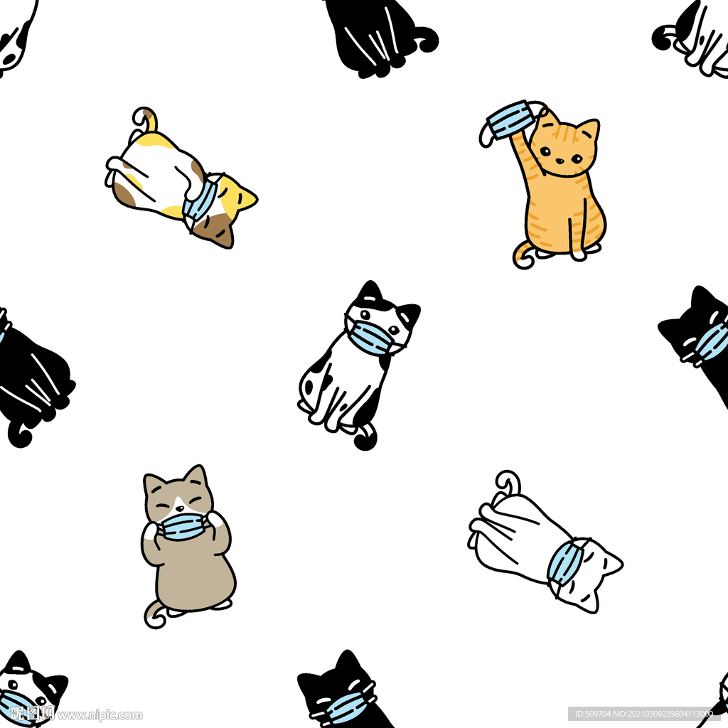 小猫戴口罩手绘插画