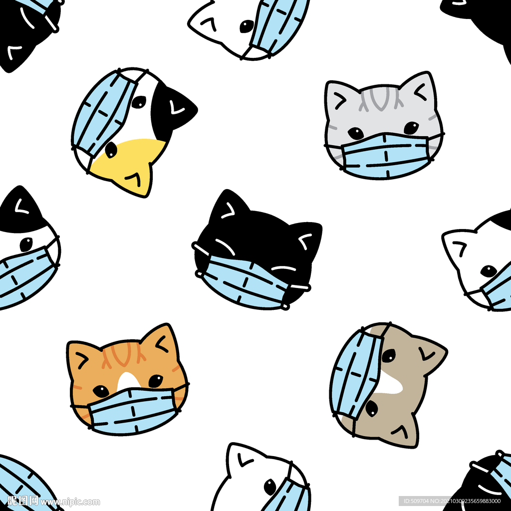 小猫戴口罩手绘插画