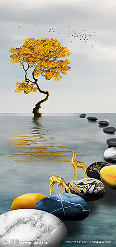 石来运转麋鹿五福葫芦玄关装饰画