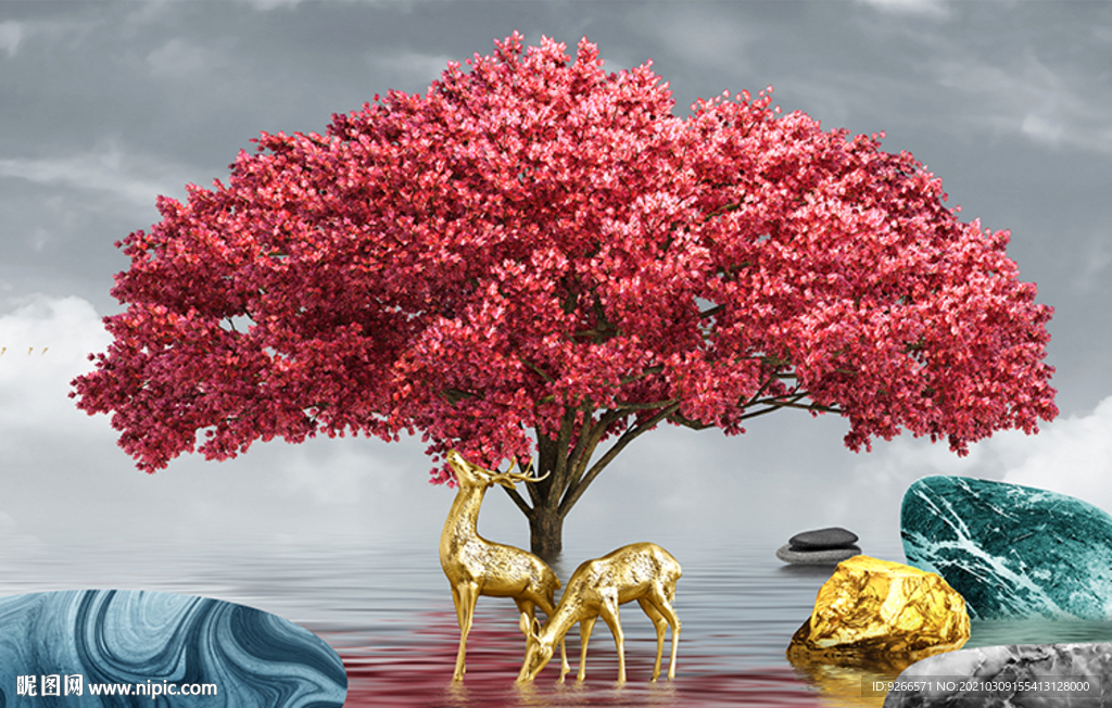 电表箱石来运转麋鹿山水装饰画