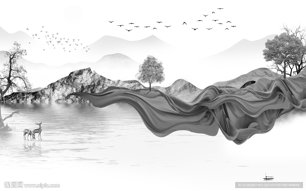 别墅新客厅山水画 文件分层