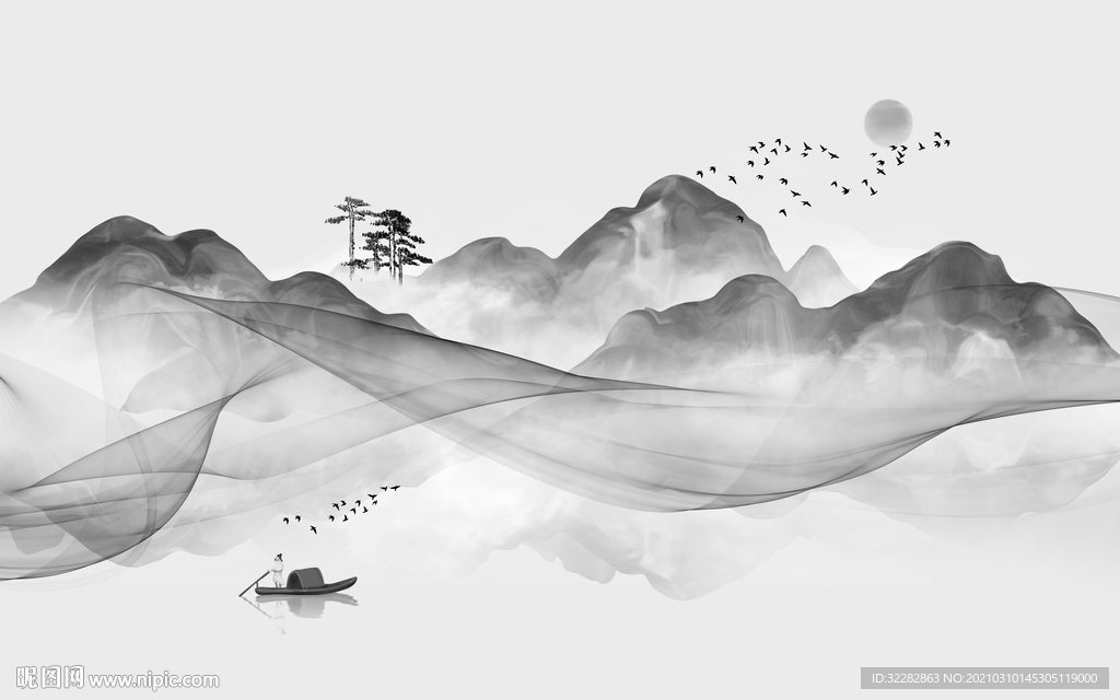 高清新客厅山水画 文件分层