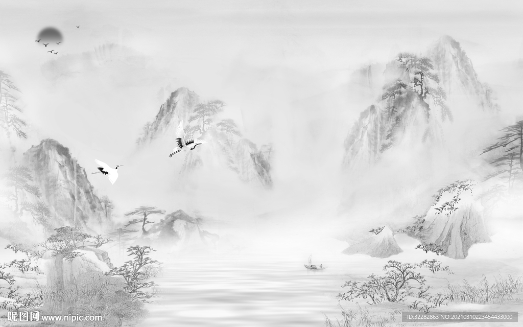 灰色人气画山水画 文件分层