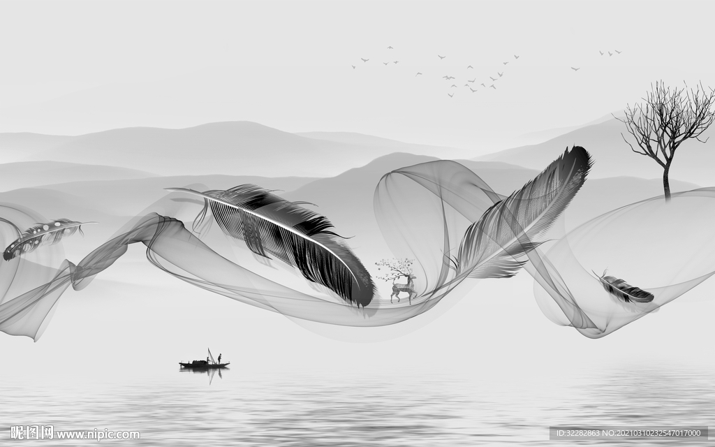 羽毛人气画山水画 文件分层