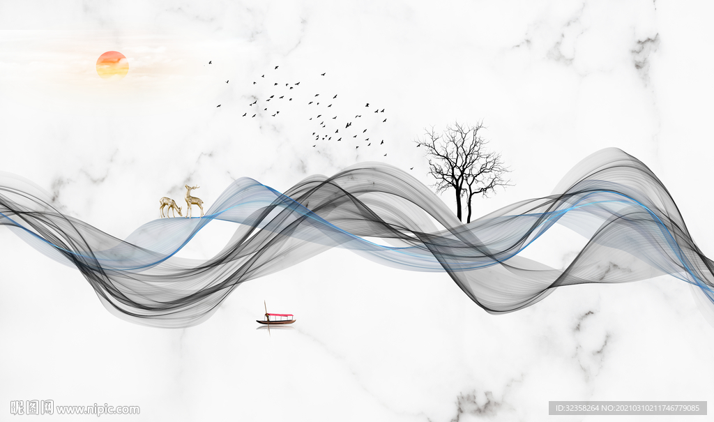 麋鹿丝带山水画玄关