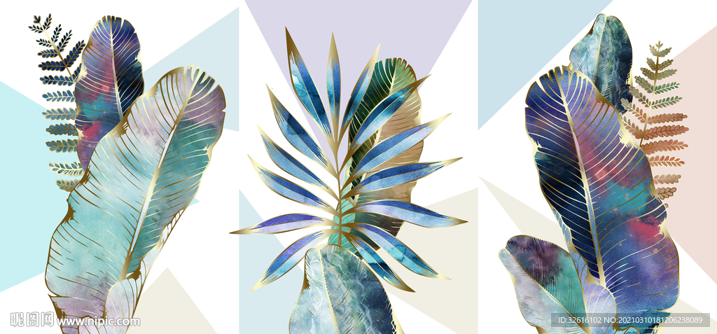 金色热带树叶三联画