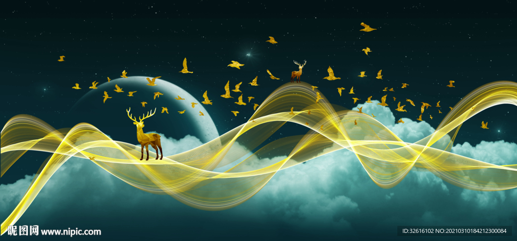 飘带麋鹿玄关三联画