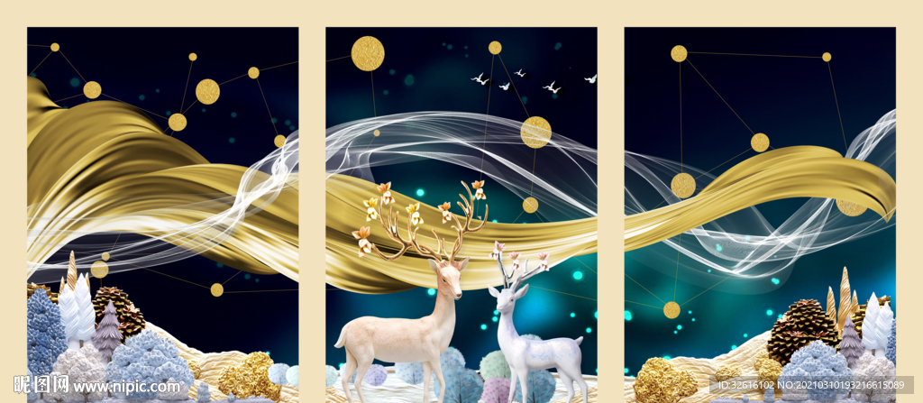 飘带麋鹿三联画