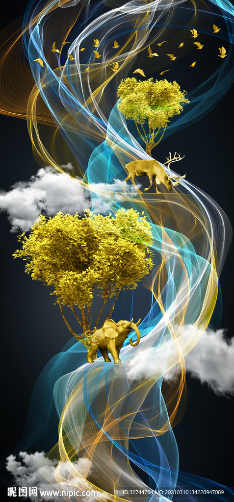 彩色丝带麋鹿晶瓷画