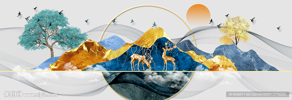 金山麋鹿风景山水画晶瓷画装饰画