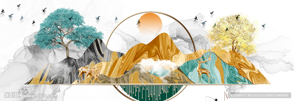 金山麋鹿风景山水画晶瓷画装饰画