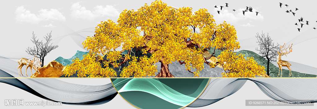 金山麋鹿风景山水画晶瓷画装饰画