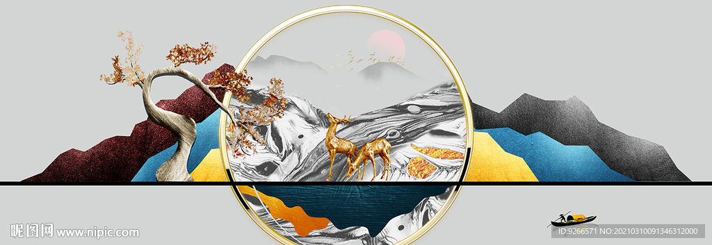 金山麋鹿风景山水画晶瓷画装饰画