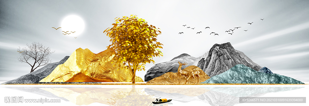 金山麋鹿风景山水画晶瓷画装饰画